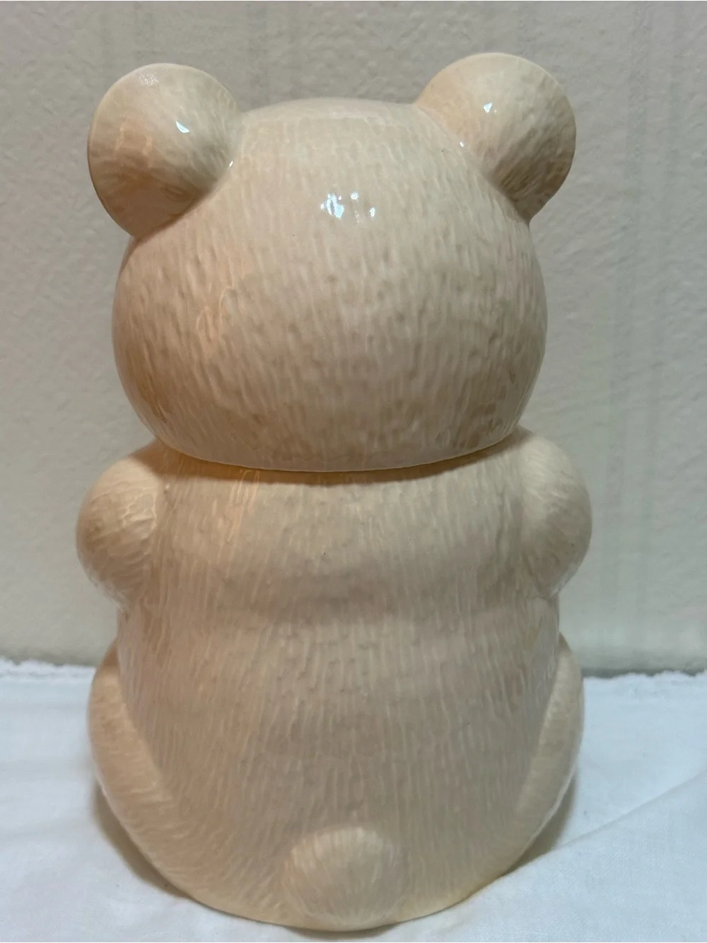 Japan Ceramic Pottery Teddy Bear Jar Beige Red Bow Glossy Finish 9 in